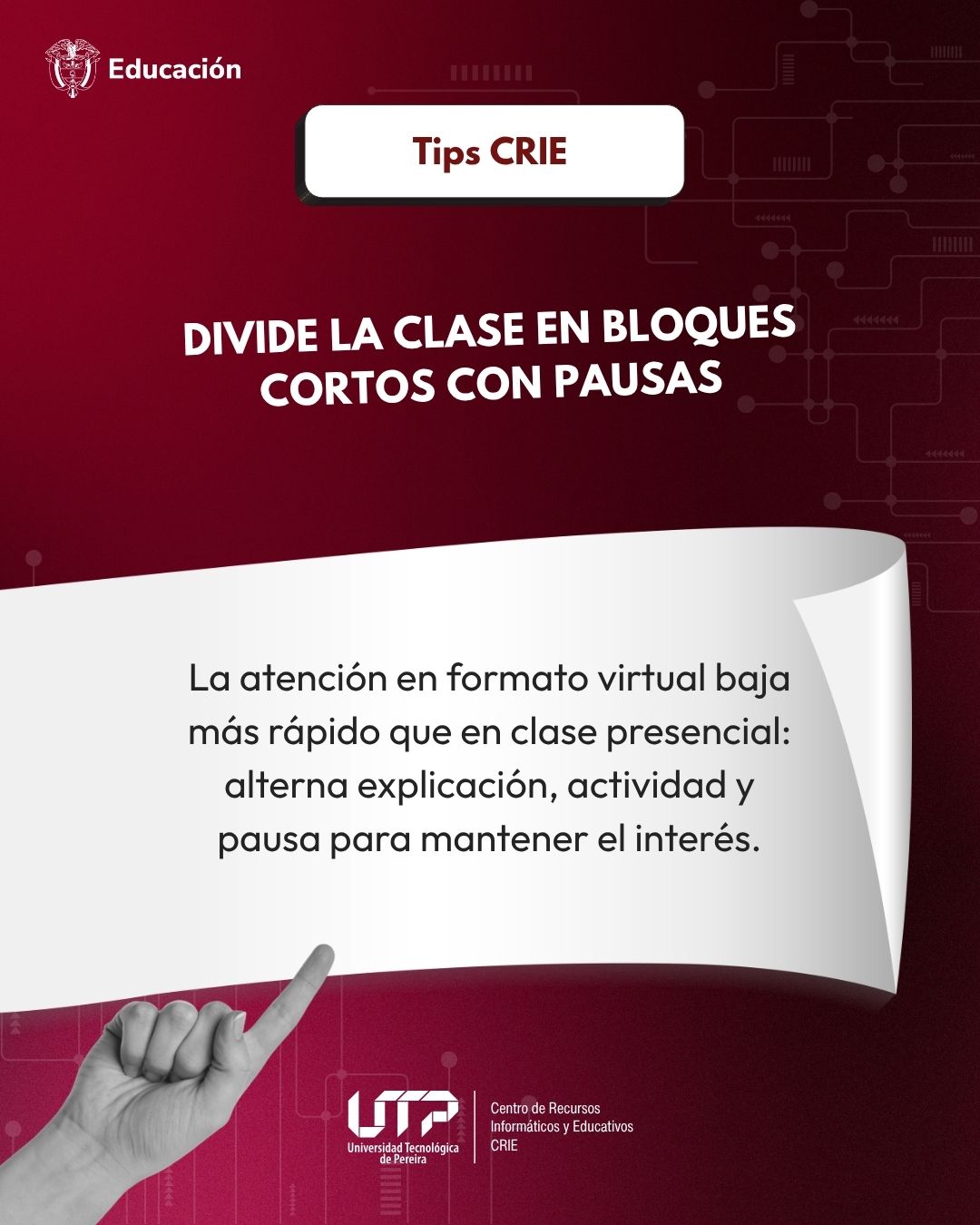 Divide la clase en bloques cortos con pausas
La atención en formato virtual baja más rápido que en clase presencial: alterna explicación, actividad y pausa para mantener el interés.