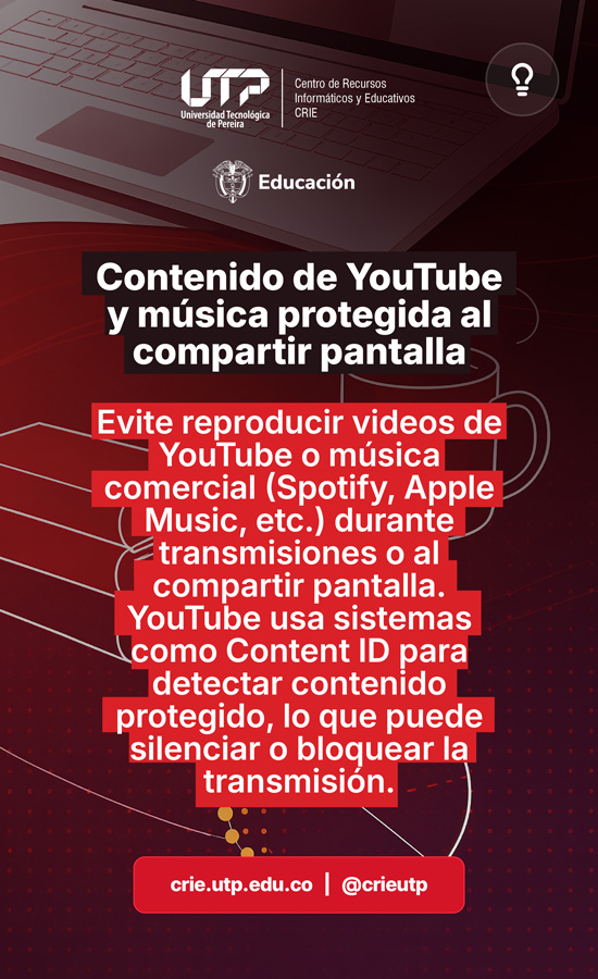 Contenido de YouTube y música protegida al compartir pantalla: Evite reproducir videos de YouTube o música comercial (Spotify, Apple Music, etc.) durante transmisiones o al compartir pantalla. YouTube usa sistemas como Content ID para detectar contenido protegido, lo que puede silenciar o bloquear la transmisión. 