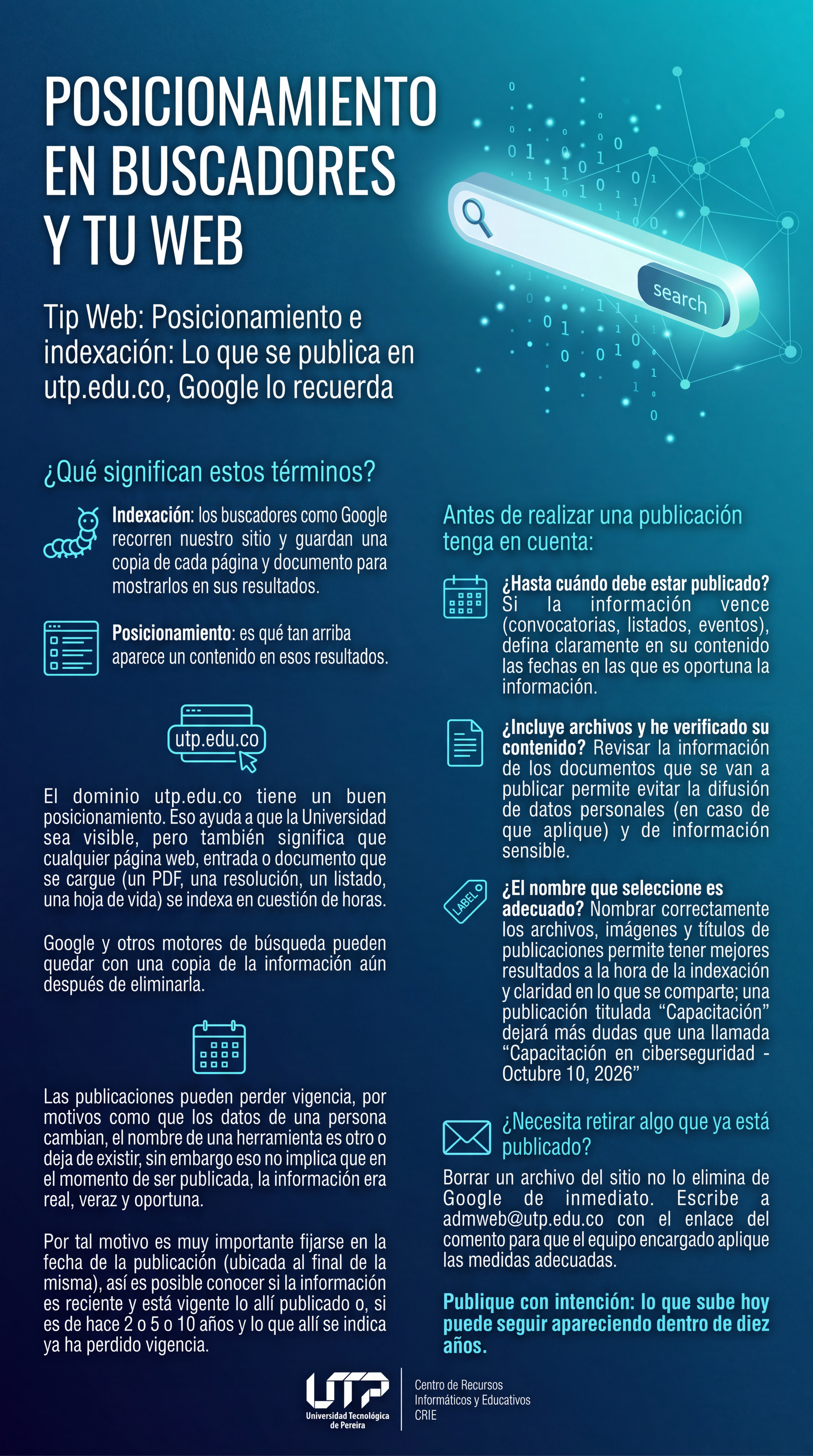 Tip Web: Posicionamiento e indexación: Lo que se publica en utp.edu.co, Google lo recuerda
