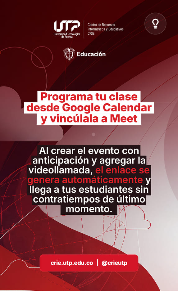 Programa tu clase desde Google Calendar y vincúlala a Meet
Al crear el evento con anticipación y agregar la videollamada, el enlace se genera automáticamente y llega a tus estudiantes sin contratiempos de último momento.